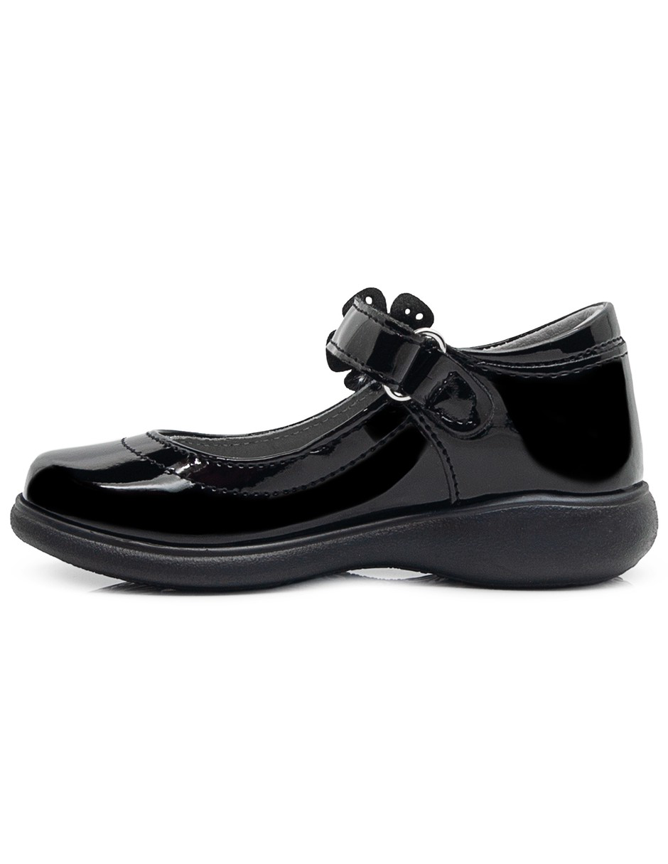 Zapato Escolar Mary Jane Niña Charol Negro Flor