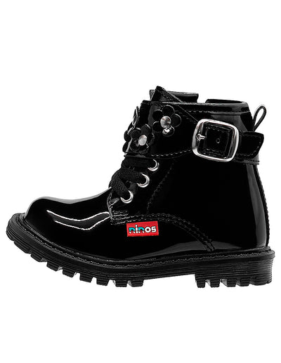 Botines Niña Charol Negro Detalle Floral Ninos