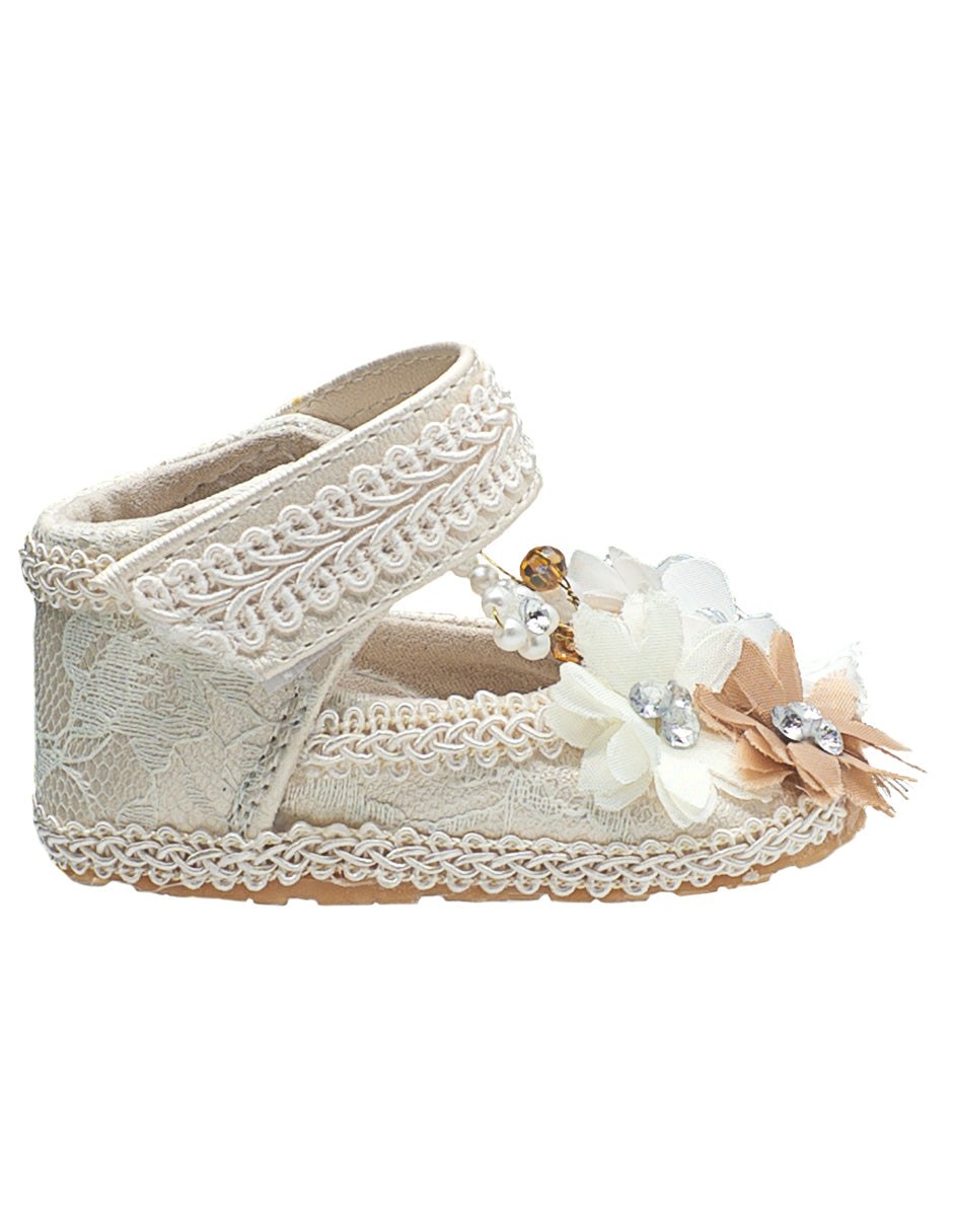 Zapato Encaje Perlas Flores Ceremonia Bebé Pequenos Pasos