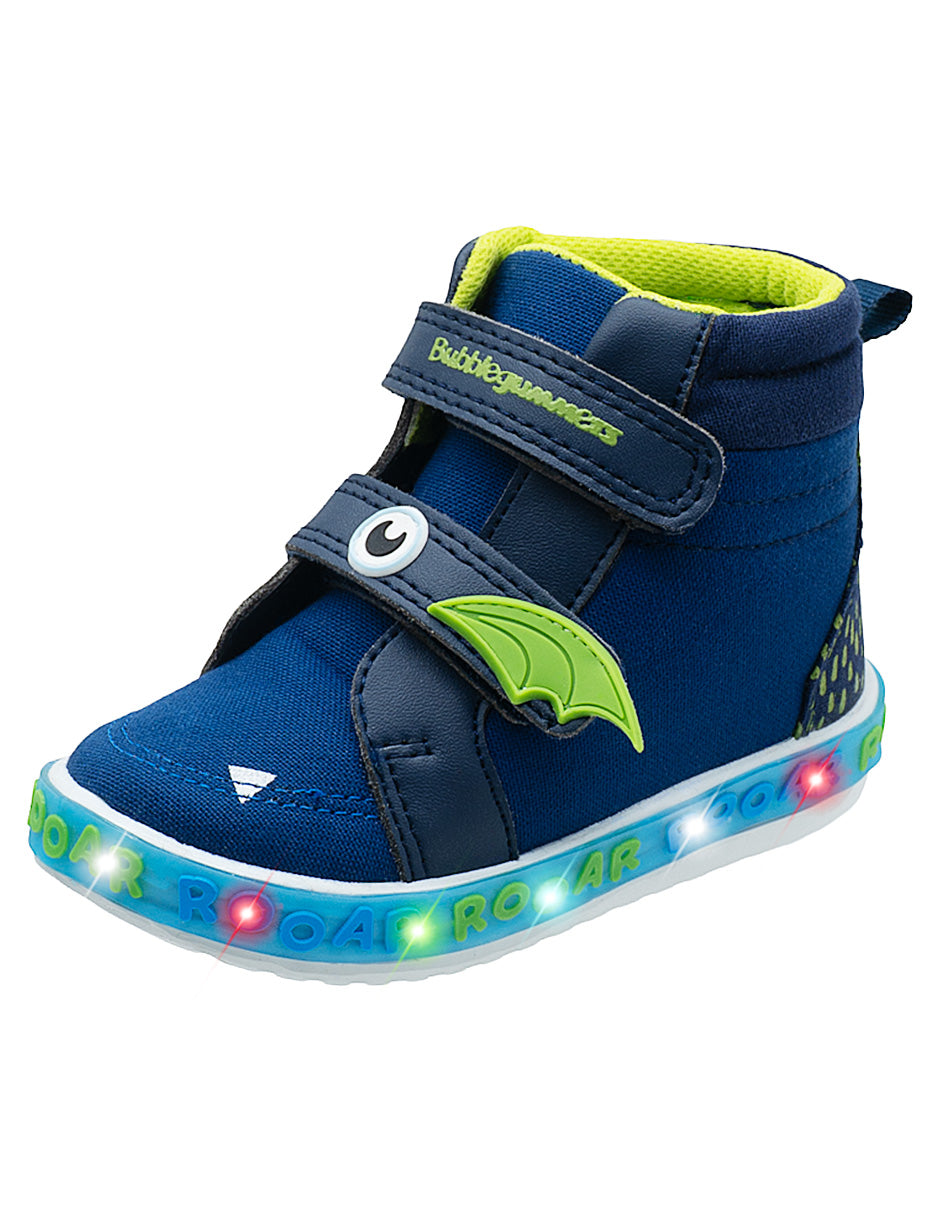 Tenis Tipo Bota LED Dinosaurio Azul Niño Bubble Gummers.