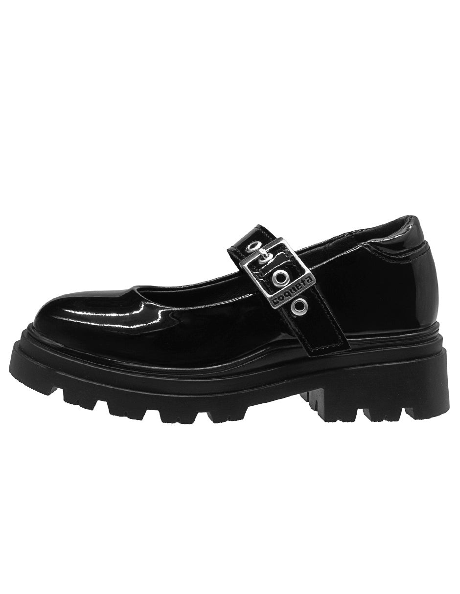 Zapato Escolar Tipo Mary Jane Charol Negro Niña Coqueta