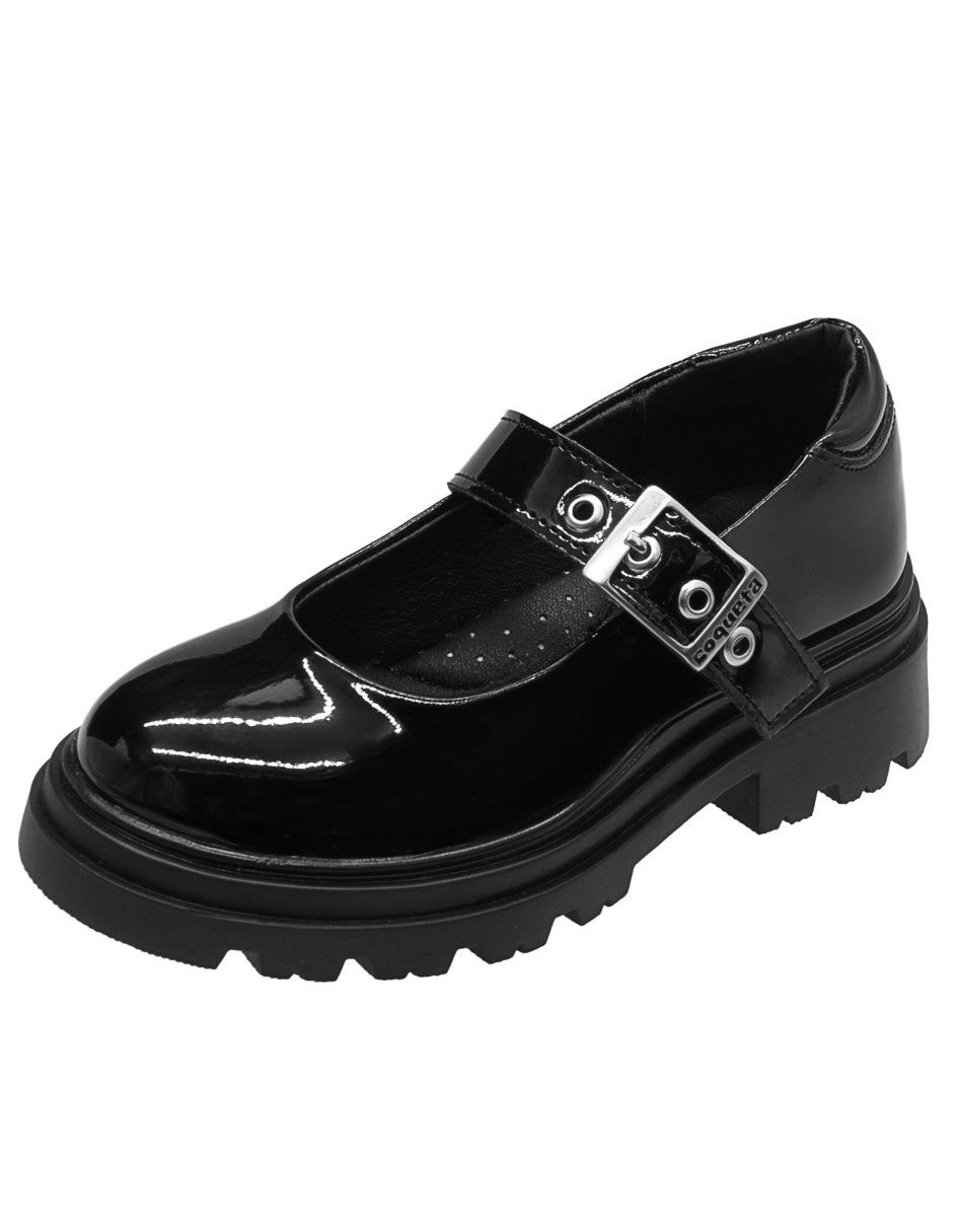 Zapato Escolar Tipo Mary Jane Charol Negro Niña Coqueta