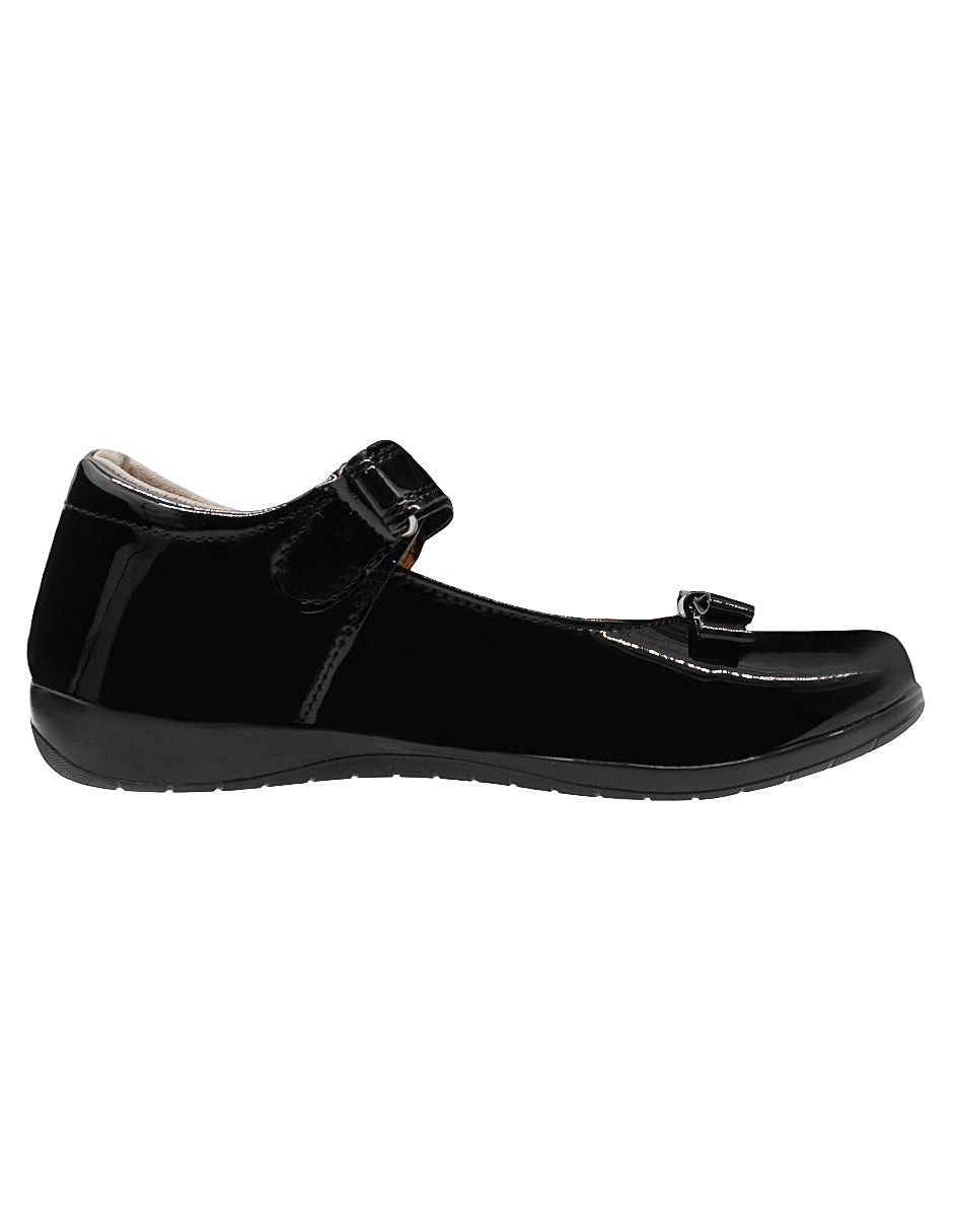 Zapato Escolar de Charol Negro con Moño Para Niña Antiderrapante con Broche Velcro