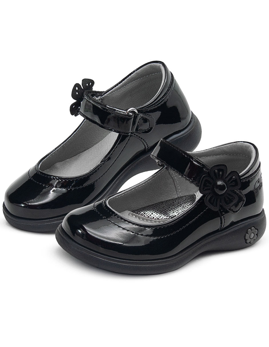 Zapato Escolar Mary Jane Niña Charol Negro Flor