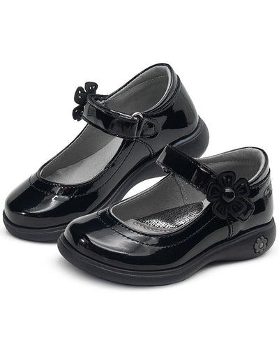 Zapato Escolar Mary Jane Niña Charol Negro Flor