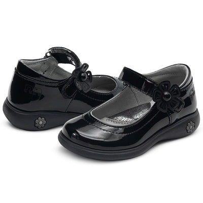 Zapato Escolar Mary Jane Niña Charol Negro Flor
