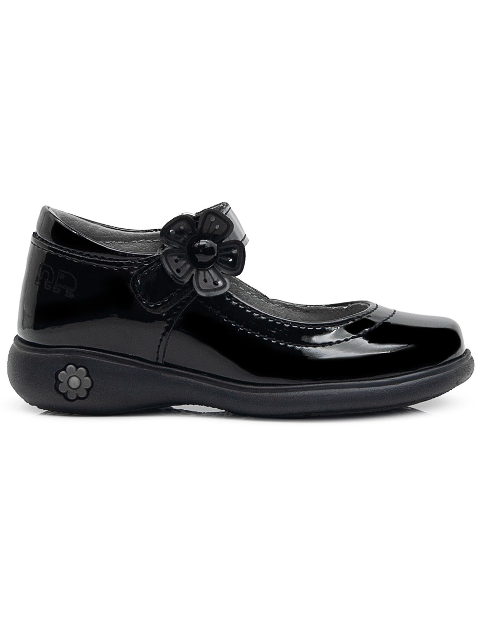 Zapato Escolar Mary Jane Niña Charol Negro Flor