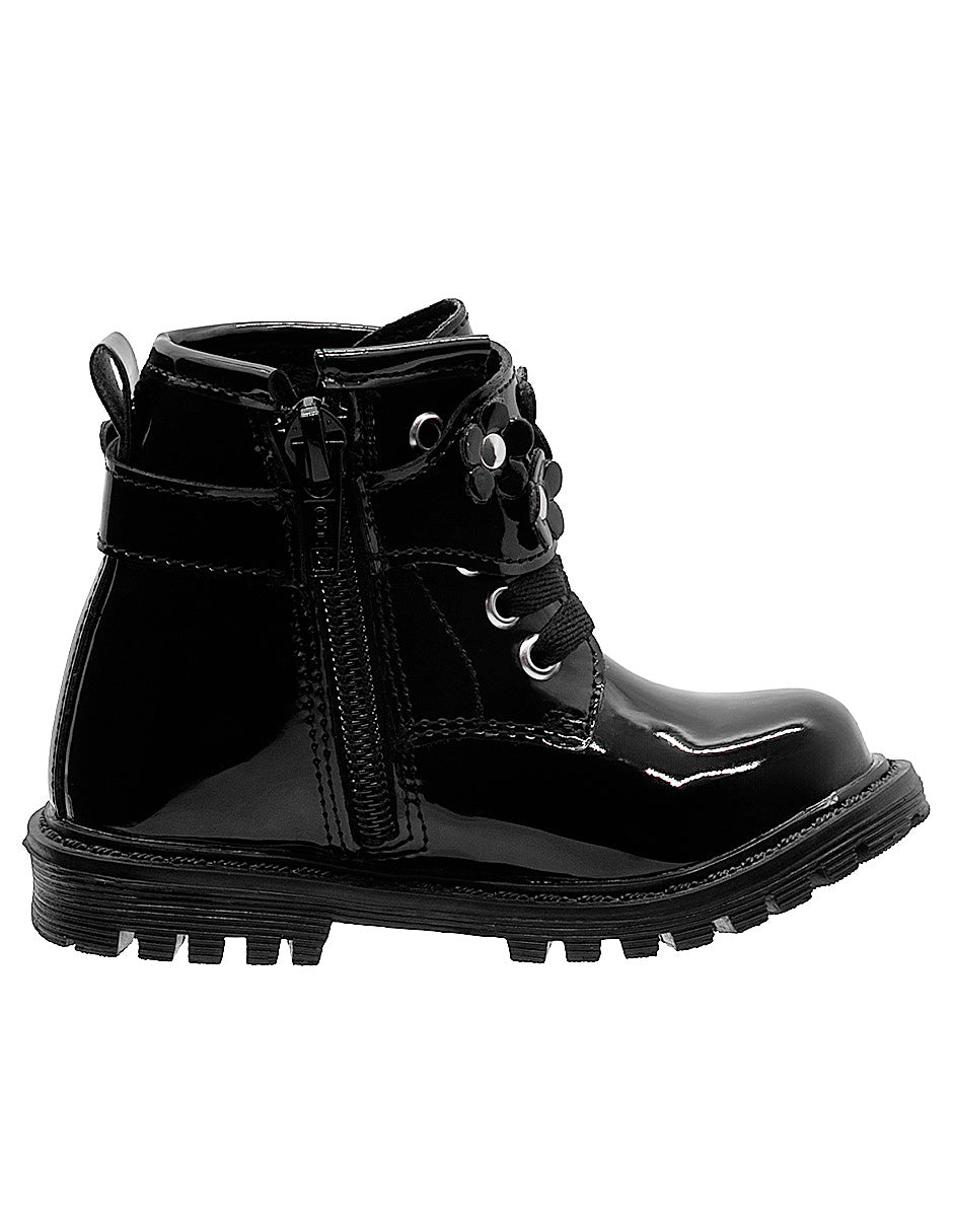 Botines Niña Charol Negro Detalle Floral Ninos