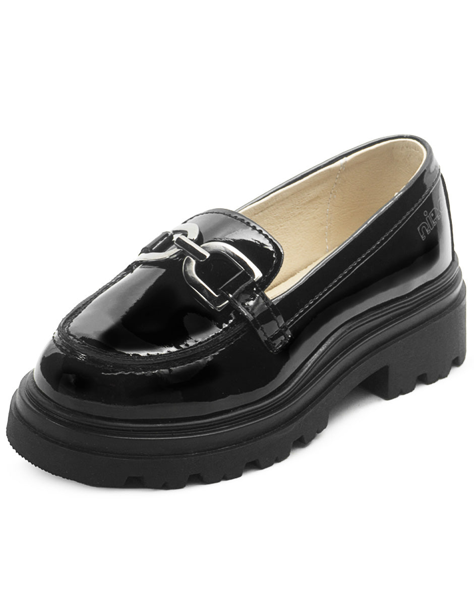 Mocasines Niña Chunky Charol Negro Herraje Metálico Ninos