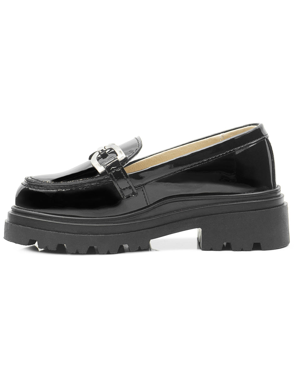 Mocasines Niña Chunky Charol Negro Herraje Metálico Ninos