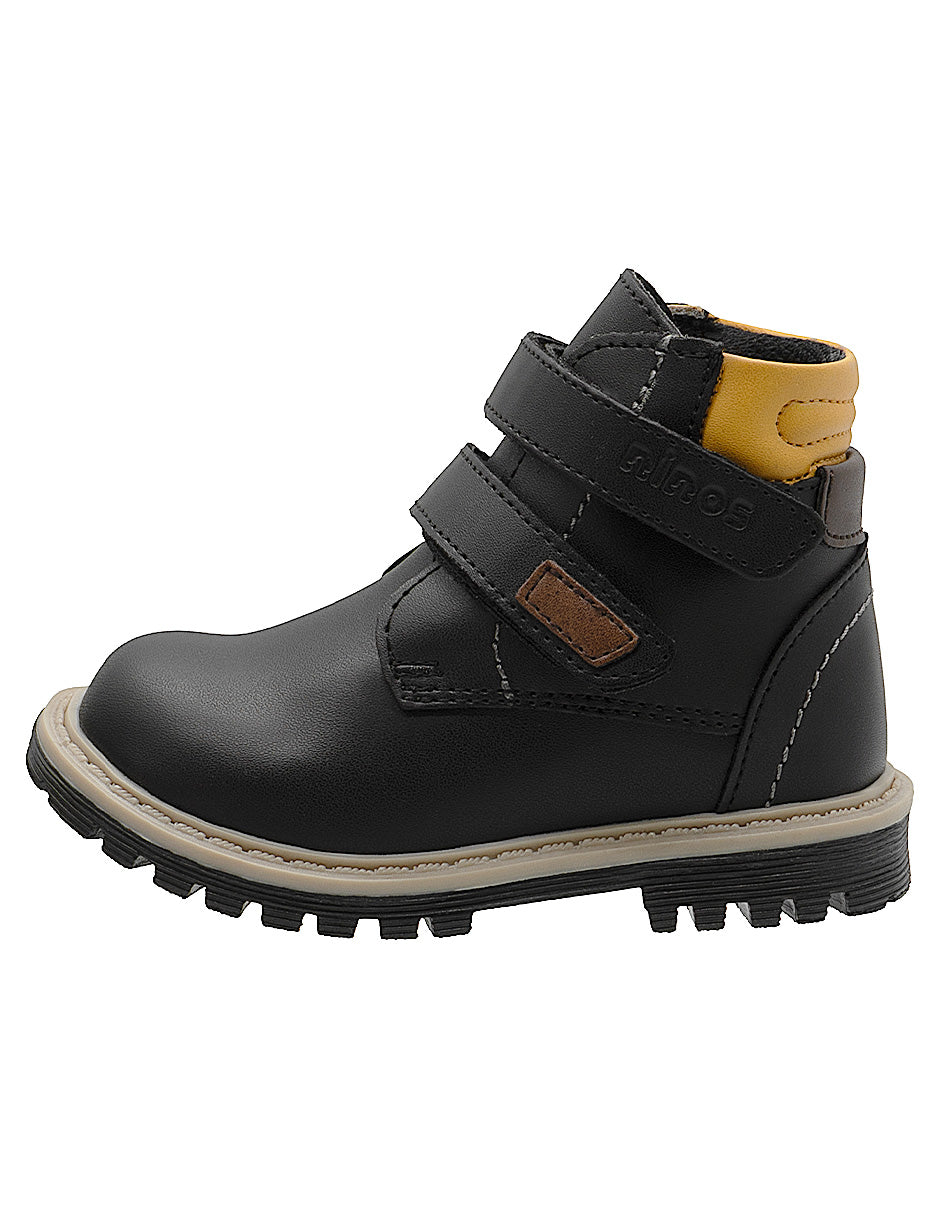 Bota Casual Niños de Ajuste Doble Velkro, Color Negro con Detalles en Mostaza y Café