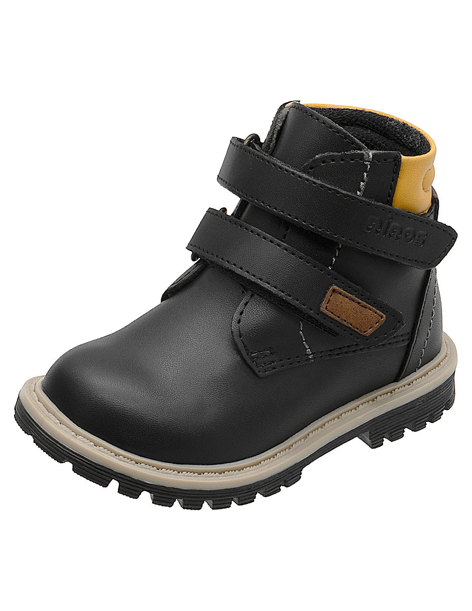 Bota Casual Niños de Ajuste Doble Velkro, Color Negro con Detalles en Mostaza y Café