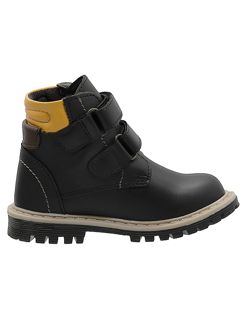 Bota Casual Niños de Ajuste Doble Velkro, Color Negro con Detalles en Mostaza y Café