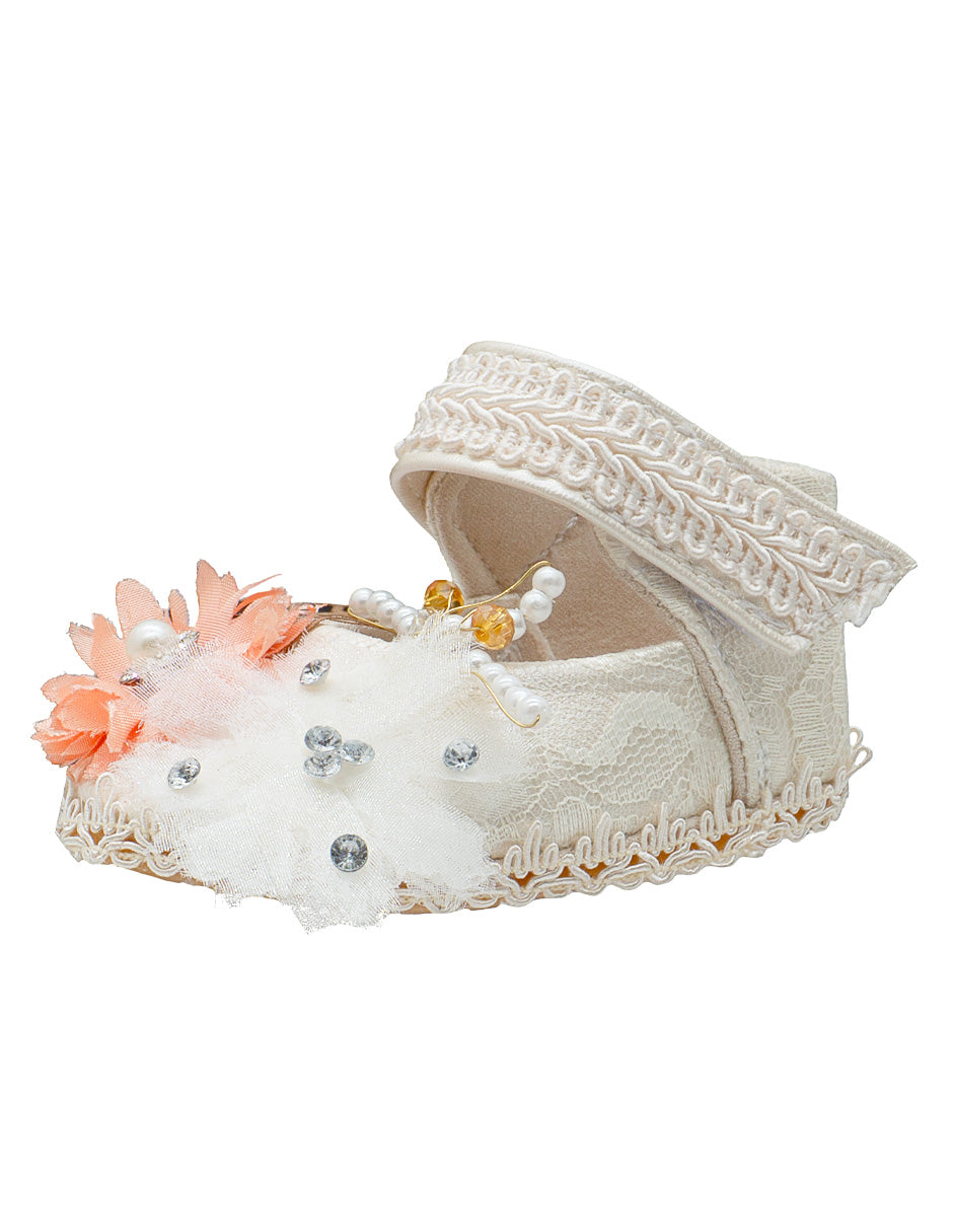 Zapato Encaje Brillos Flores Ceremonia Bebé Pequenos Pasos