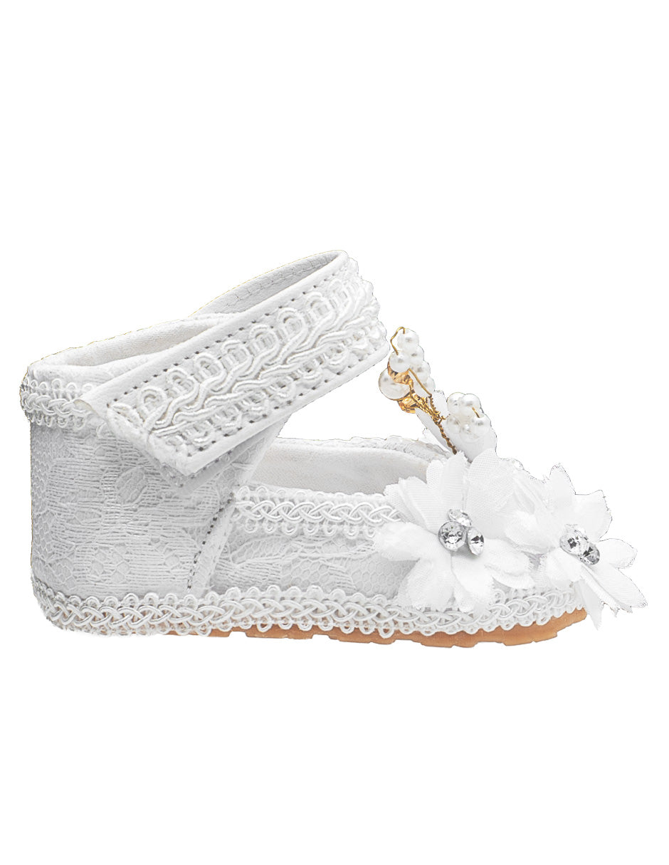 Zapato Encaje Perlas Flores Ceremonia Bebé Pequenos Pasos